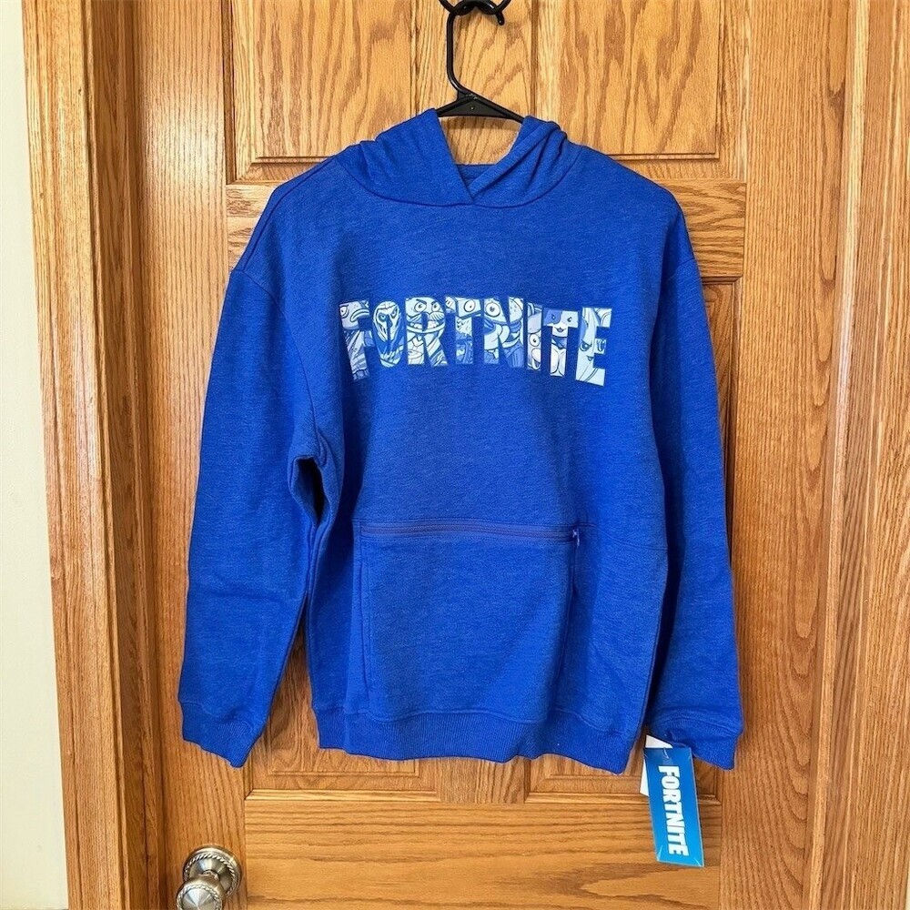 Fortnite Hoodie Boys Size 14/16 Blue Pullover Logo Graphic Kangaroo Pocket NWT